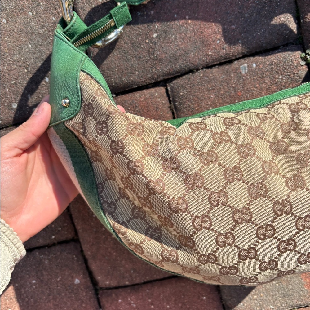 Vintage Gucci Shoulder Bag GG Pattern Bamboo 131036 Beige Brown Green Leather - Picture 11 of 16